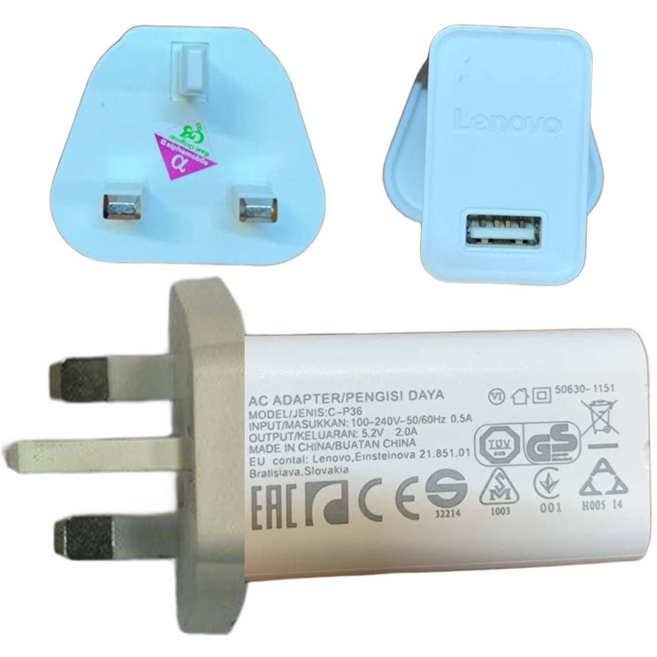 شارژر دیواری اصلی یو اس بی 5.2 ولت 2 آمپر لنوو C-P36