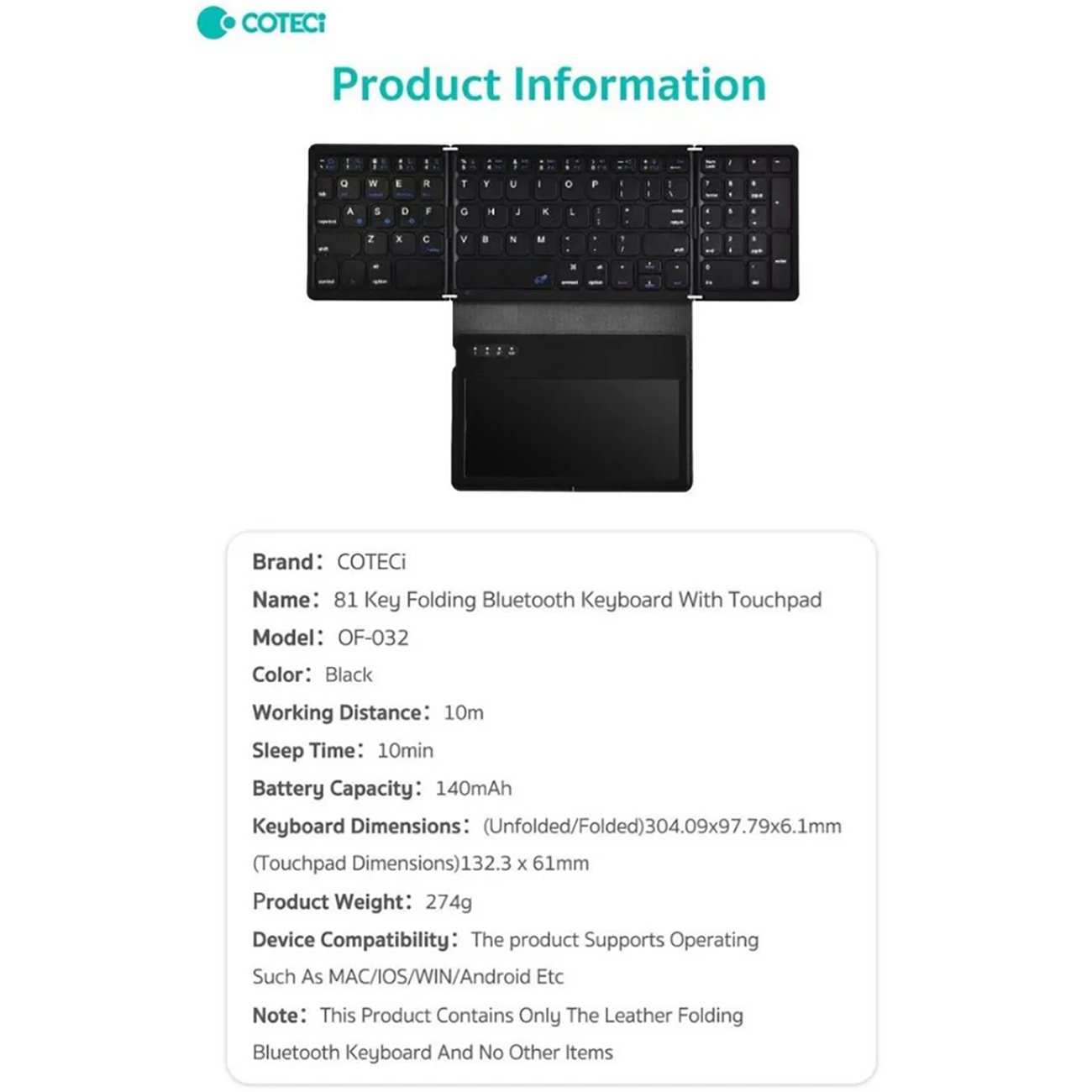 کیبورد بیسیم تاشو شارژی با تاچ پد کوتسی OF-032