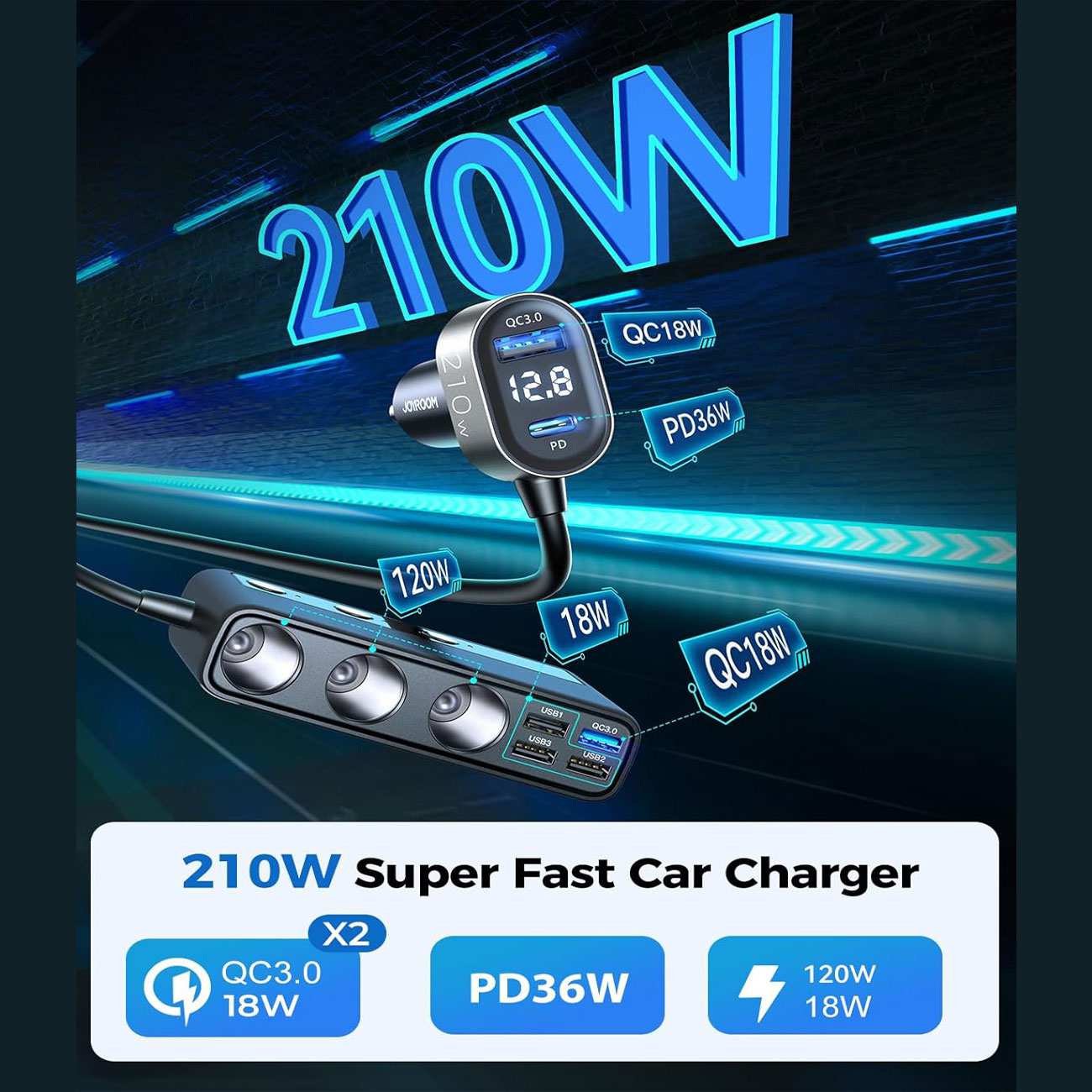 شارژر فندکی فست شارژ ماشین 210 وات تایپسی و یواسبی جویرم JR-CL06