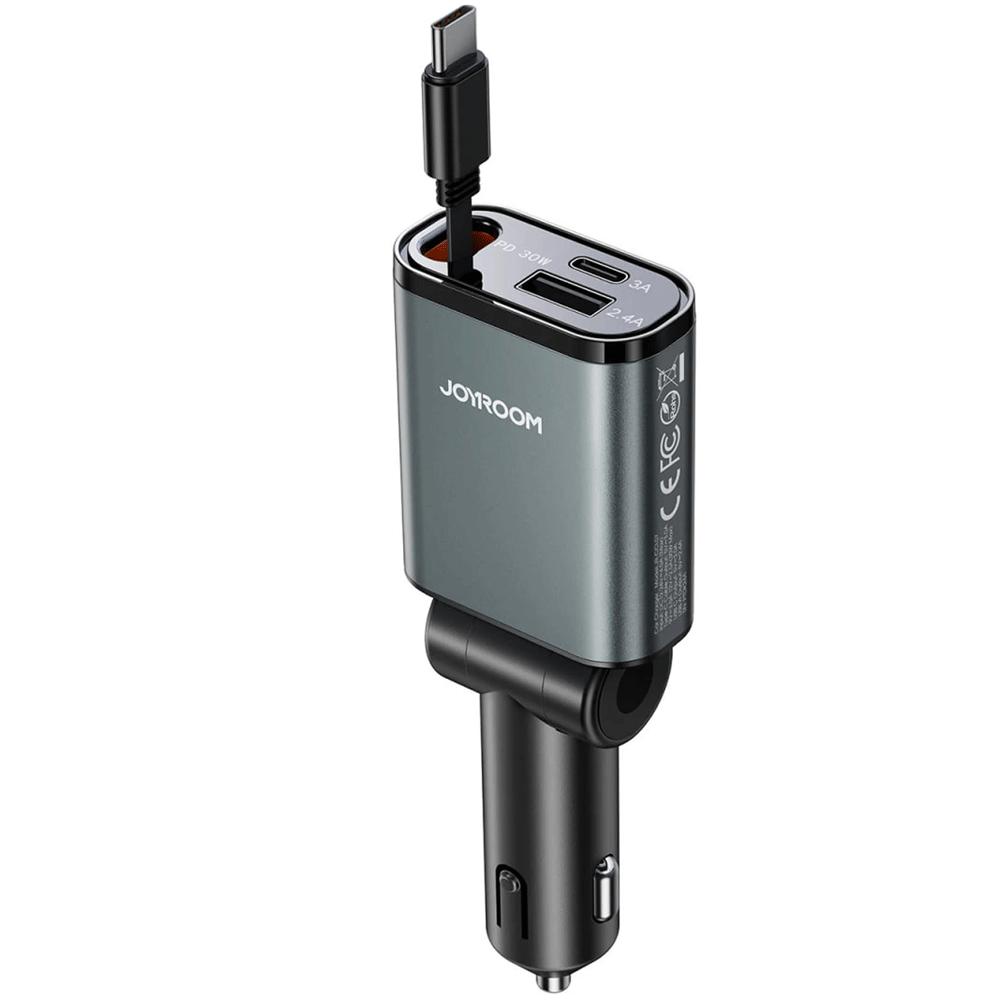 شارژر فندکی فست شارژ ماشین Type-C و یواسبی 30 وات با کابل جمع شونده جویروم JR-CCL07