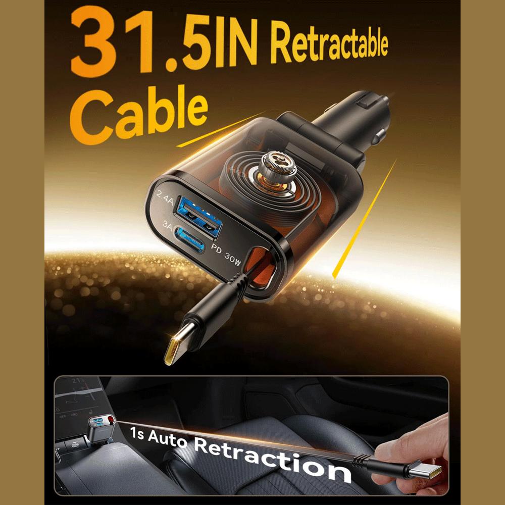 شارژر فندکی فست شارژ ماشین Type-C و یواسبی 30 وات با کابل جمع شونده جویروم JR-CCL07