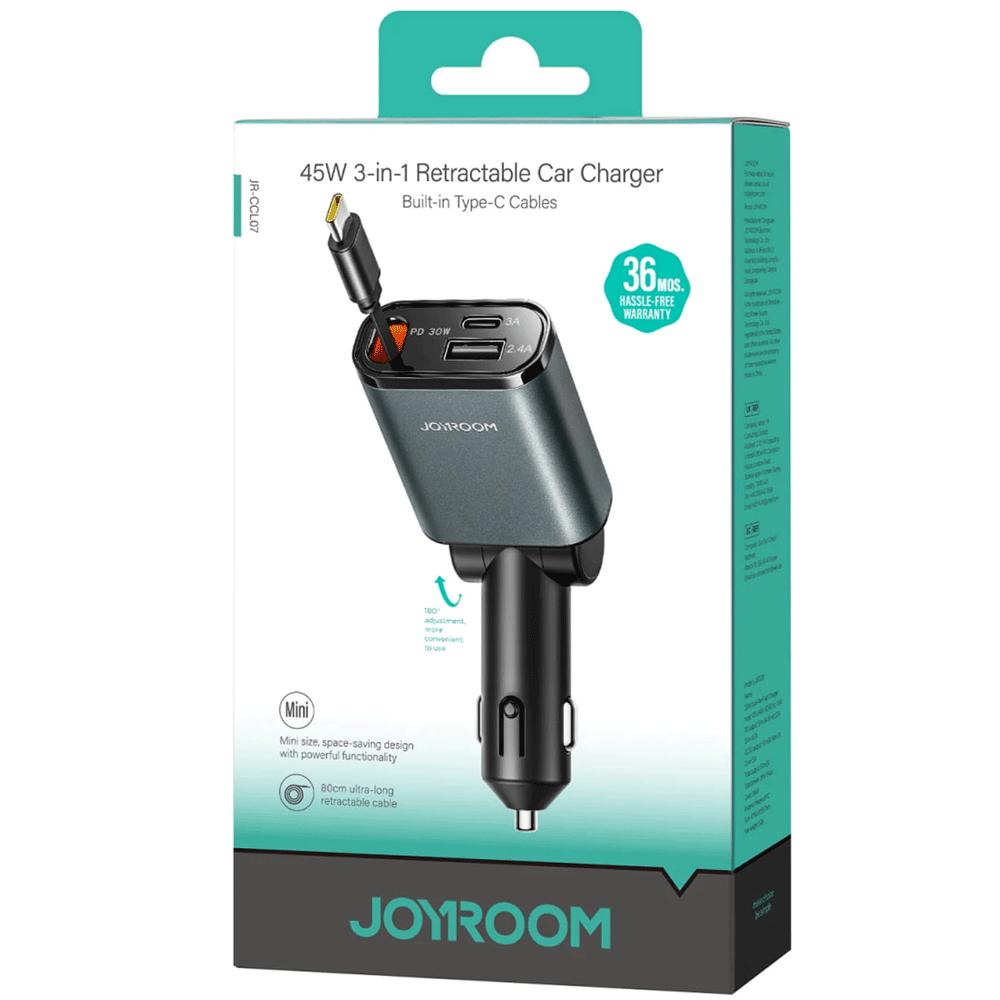 شارژر فندکی فست شارژ ماشین Type-C و یواسبی 30 وات با کابل جمع شونده جویروم JR-CCL07