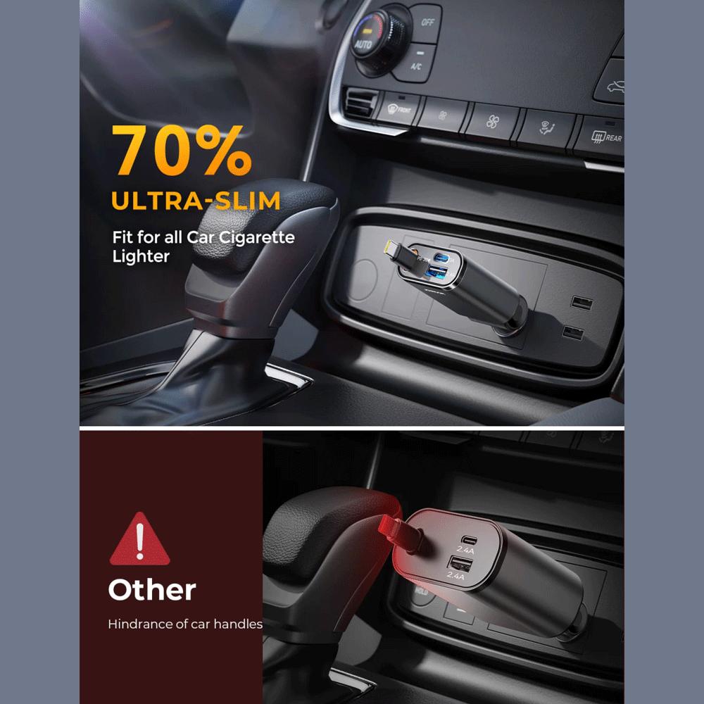 شارژر فندکی فست شارژ ماشین Type-C و یواسبی 30 وات با کابل جمع شونده جویروم JR-CCL07