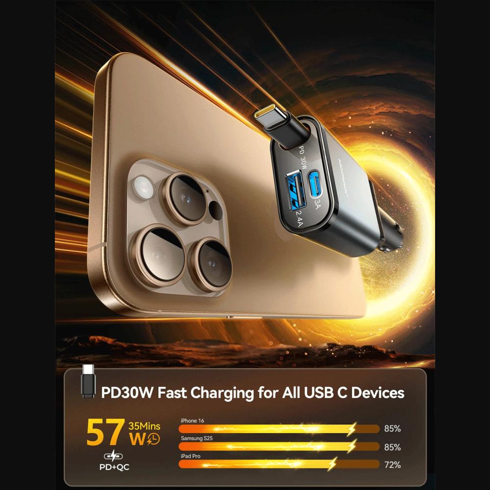 شارژر فندکی فست شارژ ماشین Type-C و یواسبی 30 وات با کابل جمع شونده جویروم JR-CCL07