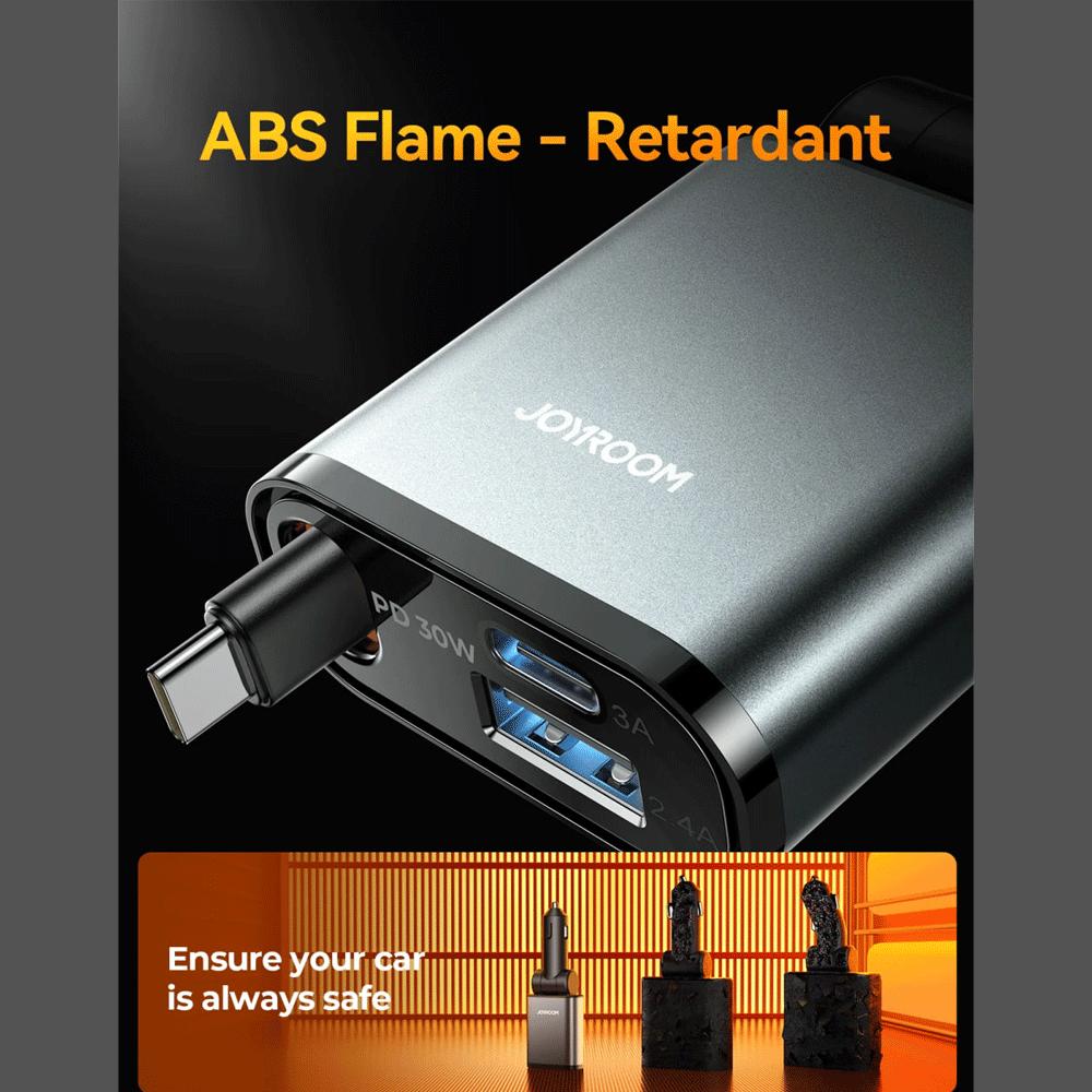شارژر فندکی فست شارژ ماشین Type-C و یواسبی 30 وات با کابل جمع شونده جویروم JR-CCL07