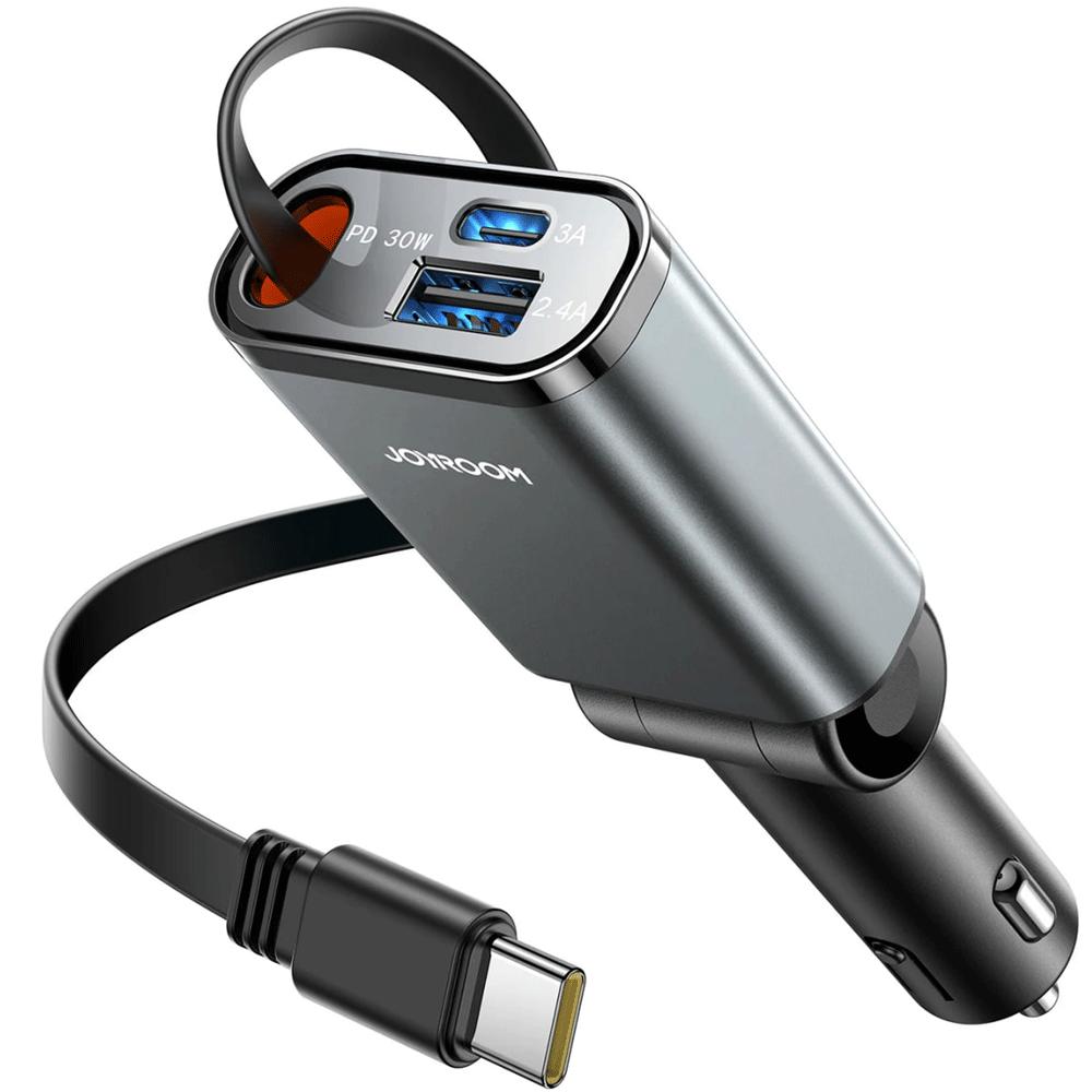 شارژر فندکی فست شارژ ماشین Type-C و یواسبی 30 وات با کابل جمع شونده جویروم JR-CCL07
