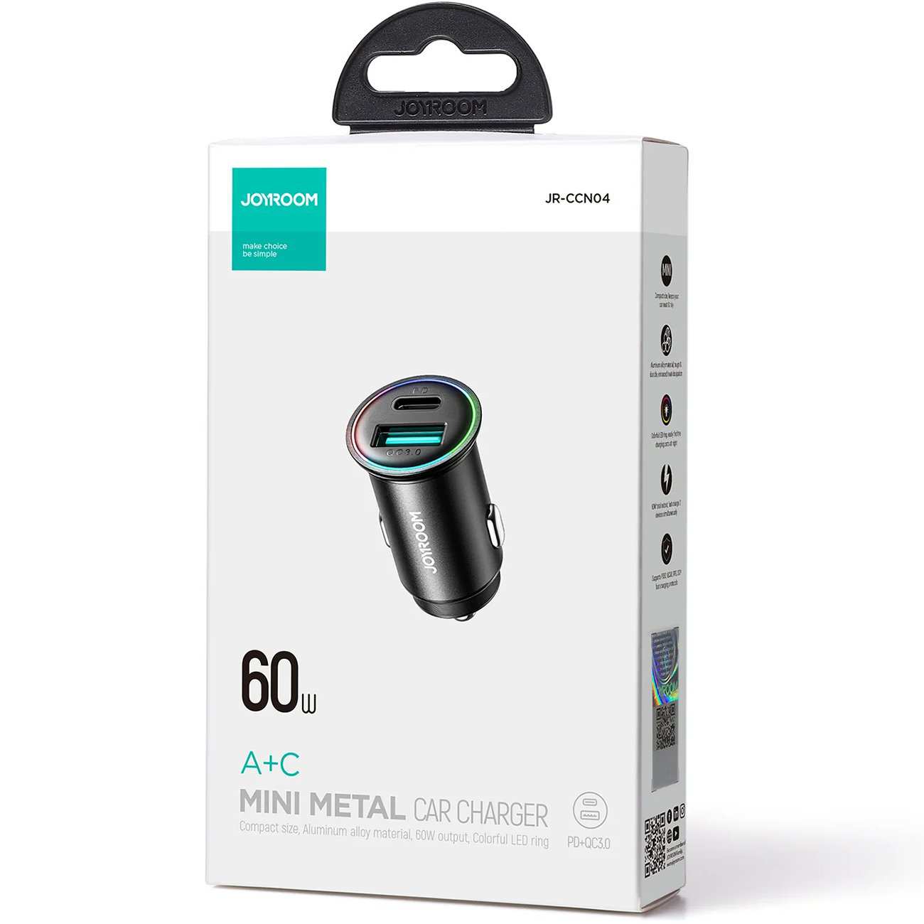 شارژر فندکی فست شارژ ماشین تایپسی و یواسبی 60 وات جویروم JR-CCN04