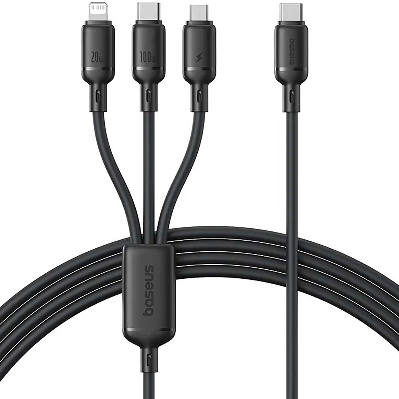 کابل شارژ چندکاره سه سر تایپ سی به تایپ سی، لایتنینگ و میکرو یو اس بی 100 وات 5 آمپر 1.5 متری بیسوس CB000166