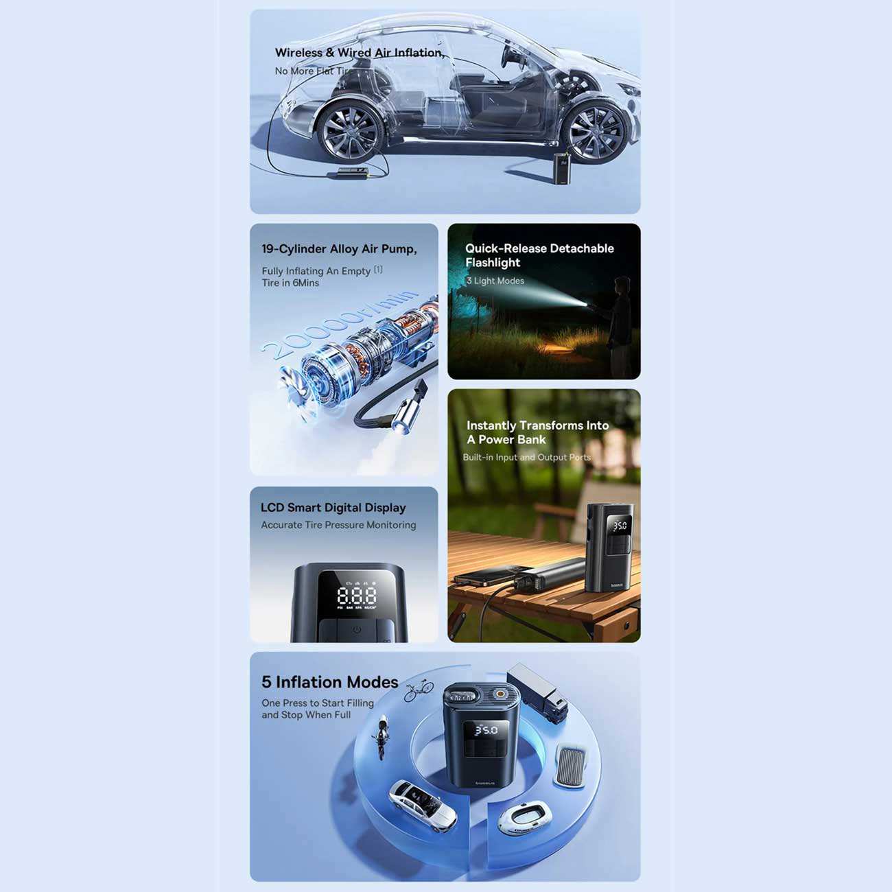 پمپ باد شارژی، چراغ قوه و پاوربانک بیسوس VA1 BS-CG034