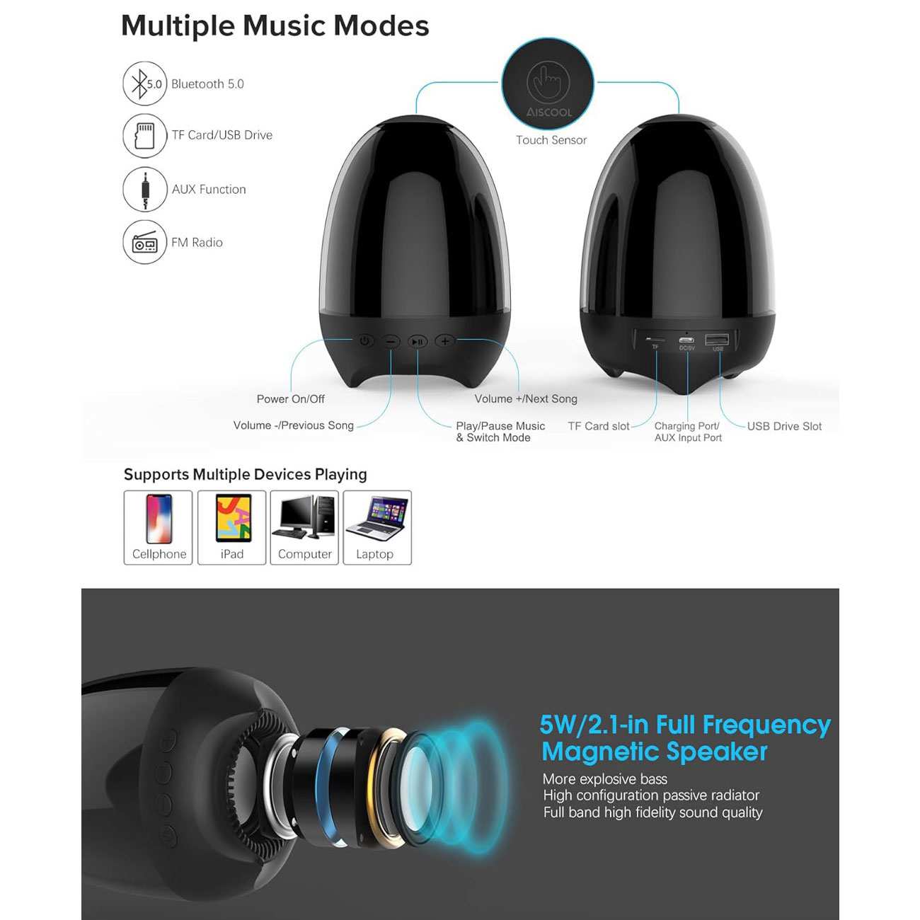 اسپیکر بلوتوثی و چراغ خواب رومیزی قابل حمل لمسی اِیسکول S609