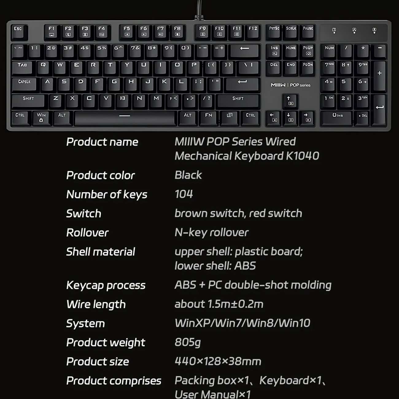 کیبورد مکانیکی گیمینگ سیمی USB میوو شیائومی K1040