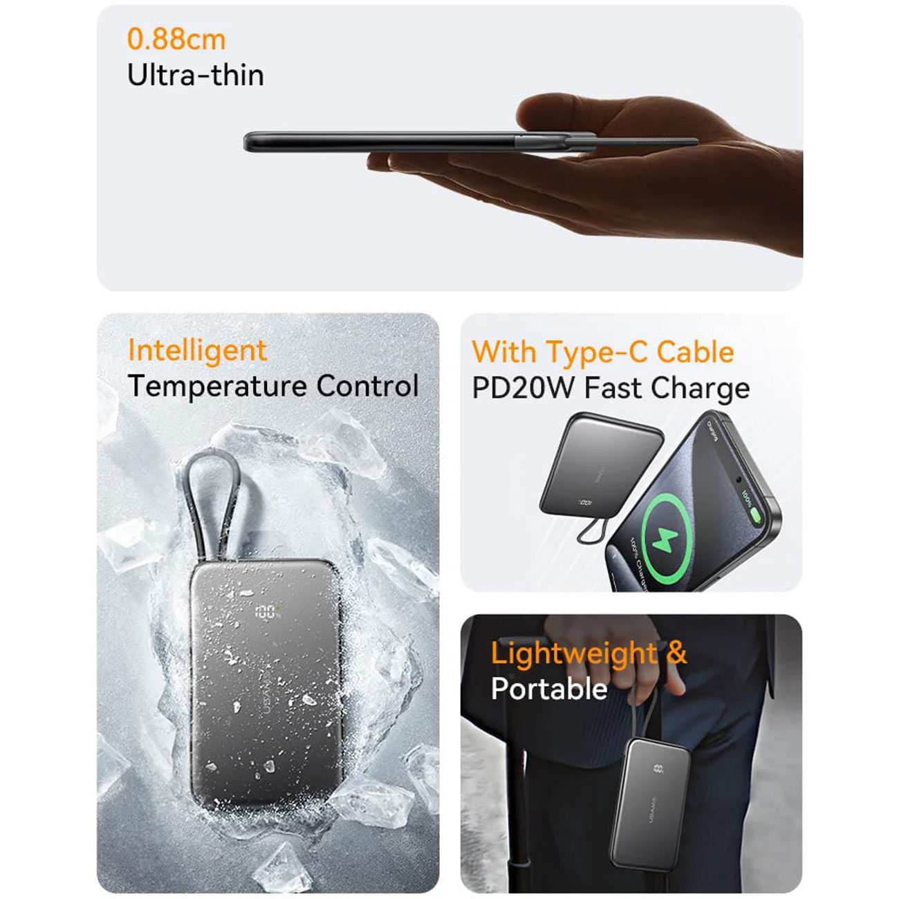 پاوربانک مگنتی 5000 فوق باریک با کابل Type-C یوسامز US-CD227