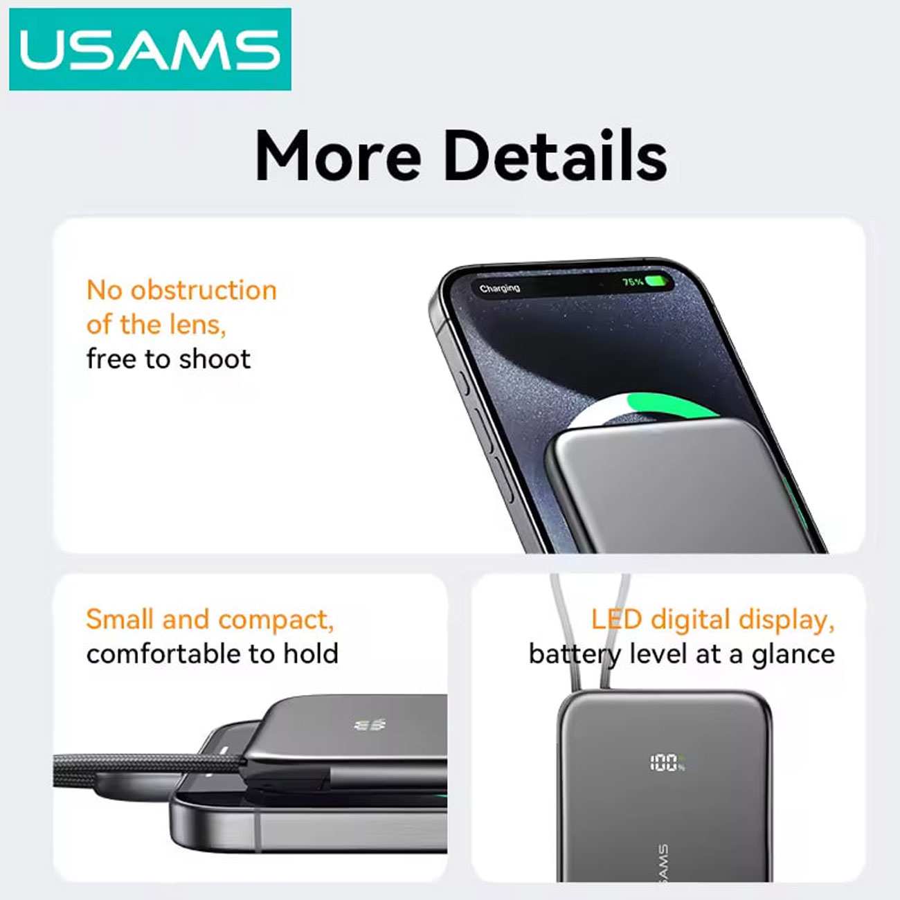 پاوربانک مگنتی 5000 فوق باریک با کابل Type-C یوسامز US-CD227