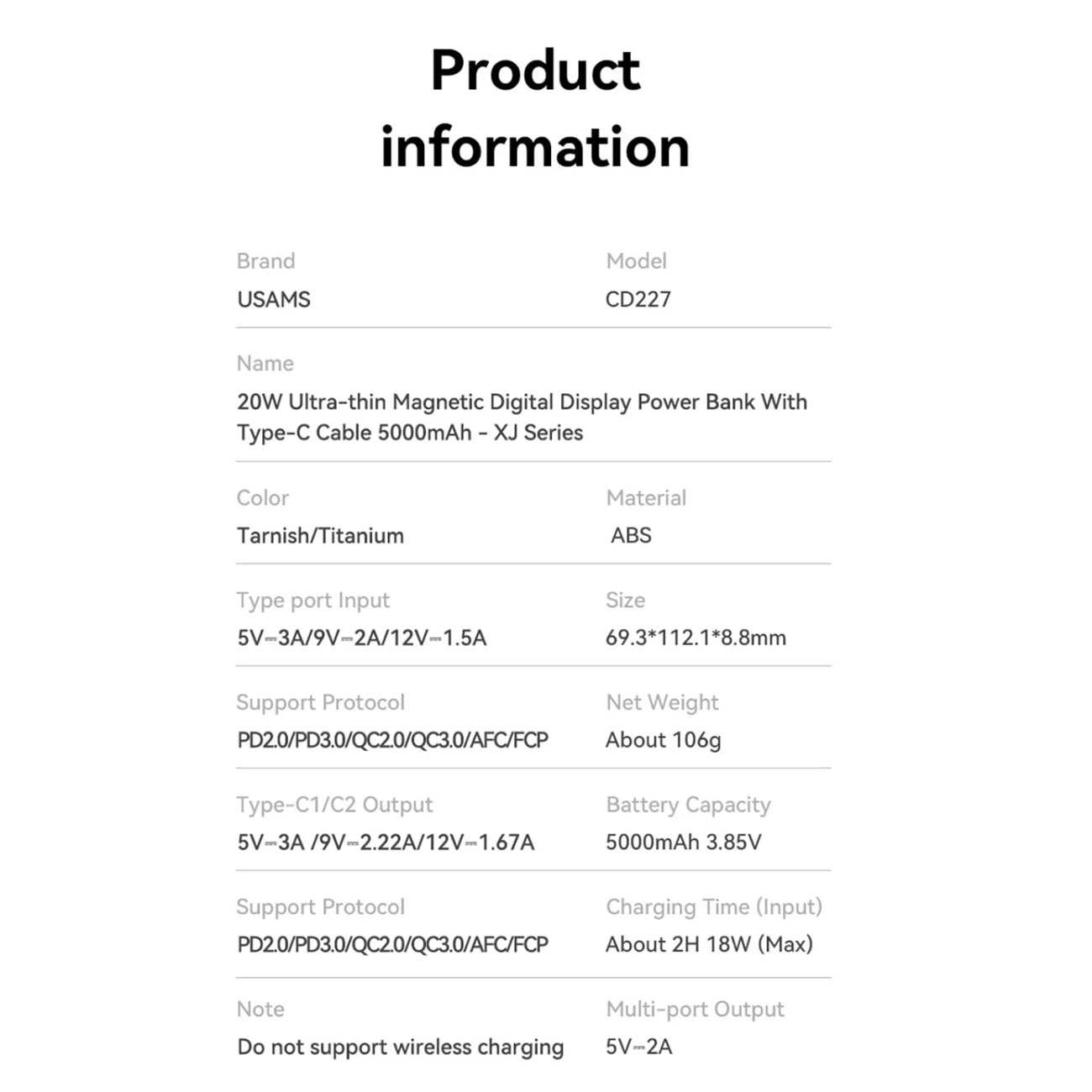 پاوربانک مگنتی 5000 فوق باریک با کابل Type-C یوسامز US-CD227