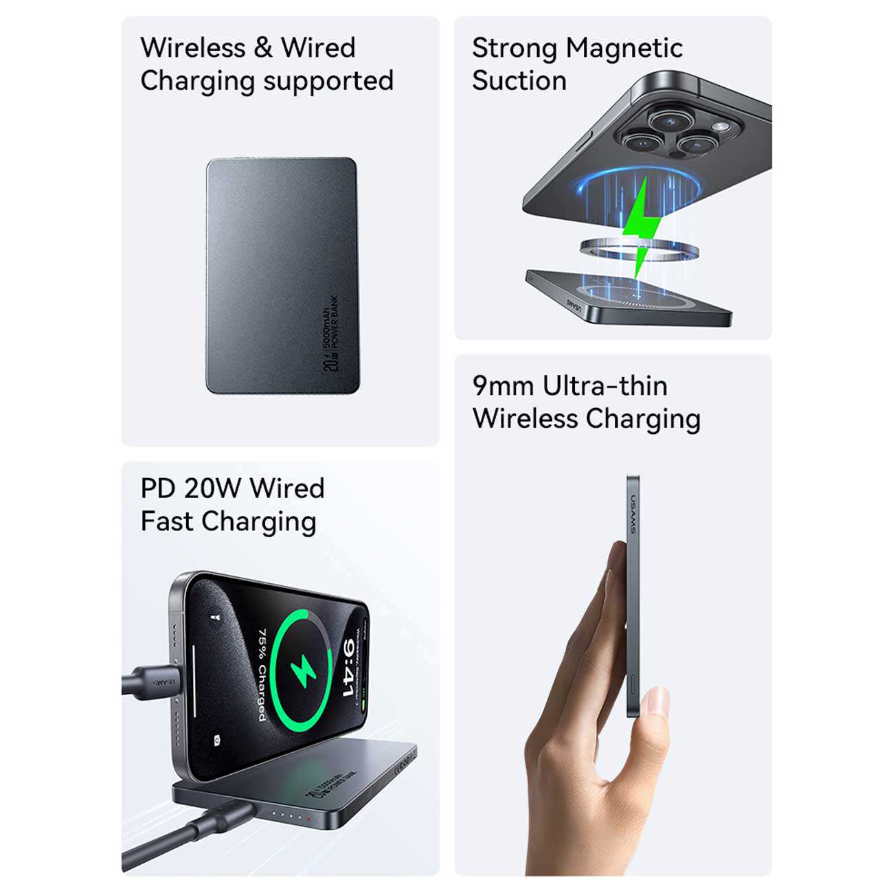 پاوربانک مگنتی 5000 فوق باریک با کابل Type-C یوسامز US-CD227