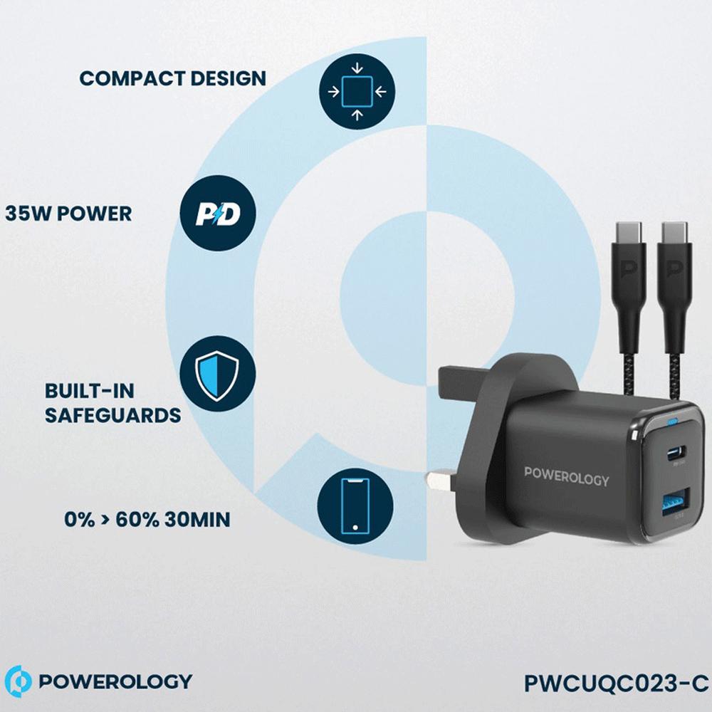 شارژر دیواری تایپ سی و یو اس بی 35 وات پاورولوژی PWCUQC023-C