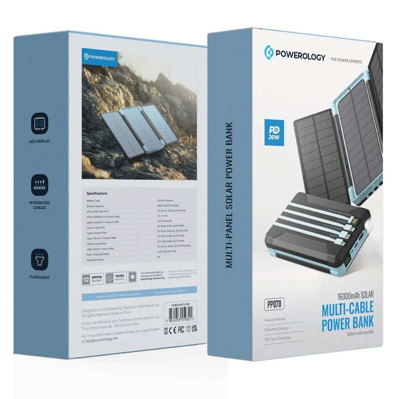 پاوربانک خورشیدی تایپسی و یواسبی و لایتنینگ 20 وات 16000 میلیآمپرساعت پاورولوژی PP070-PPBCHA70-BK