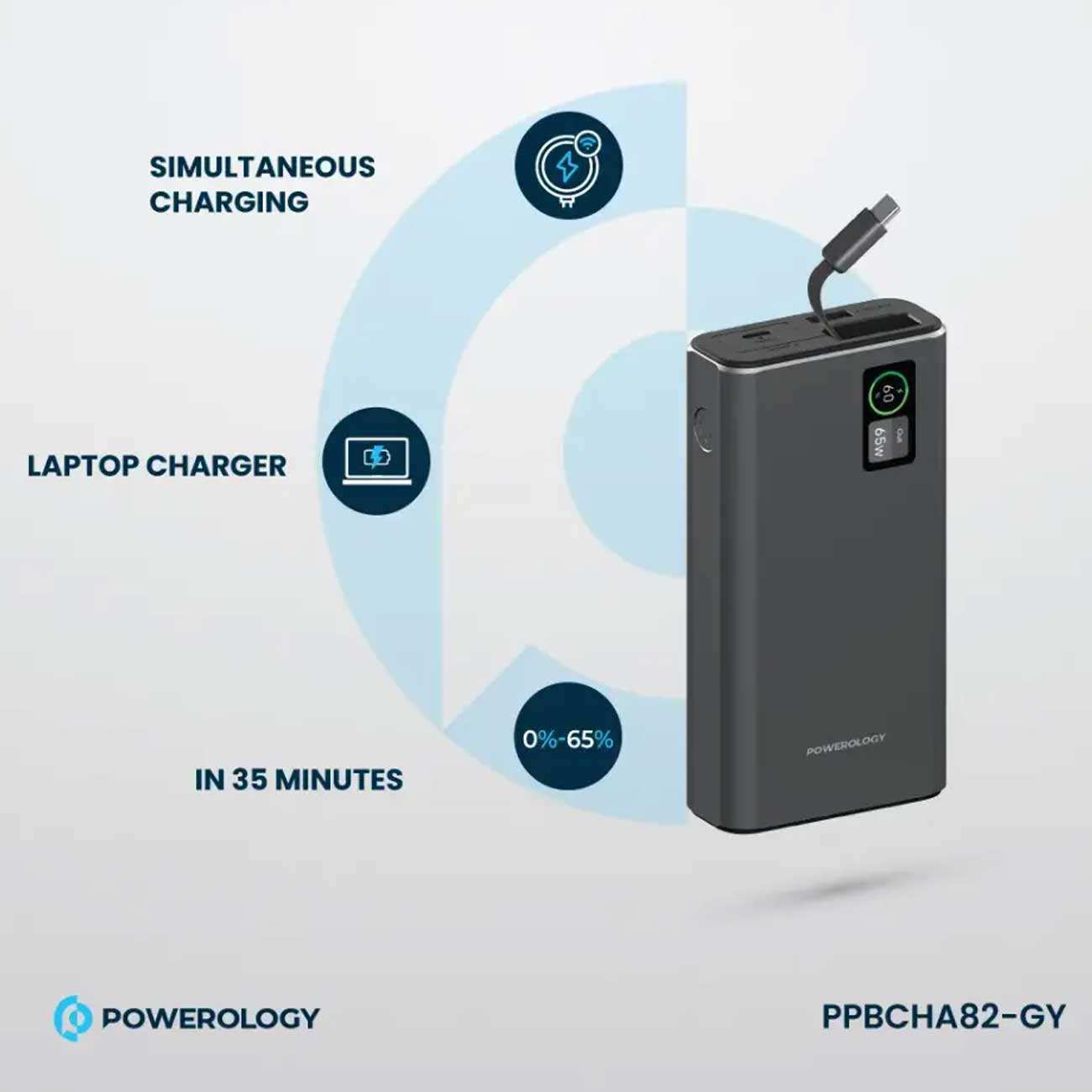 پاوربانک 20000 فست شارژ تایپسی 65 وات و یواسبی 30 وات پاورولوژی PPBCHA82-GY