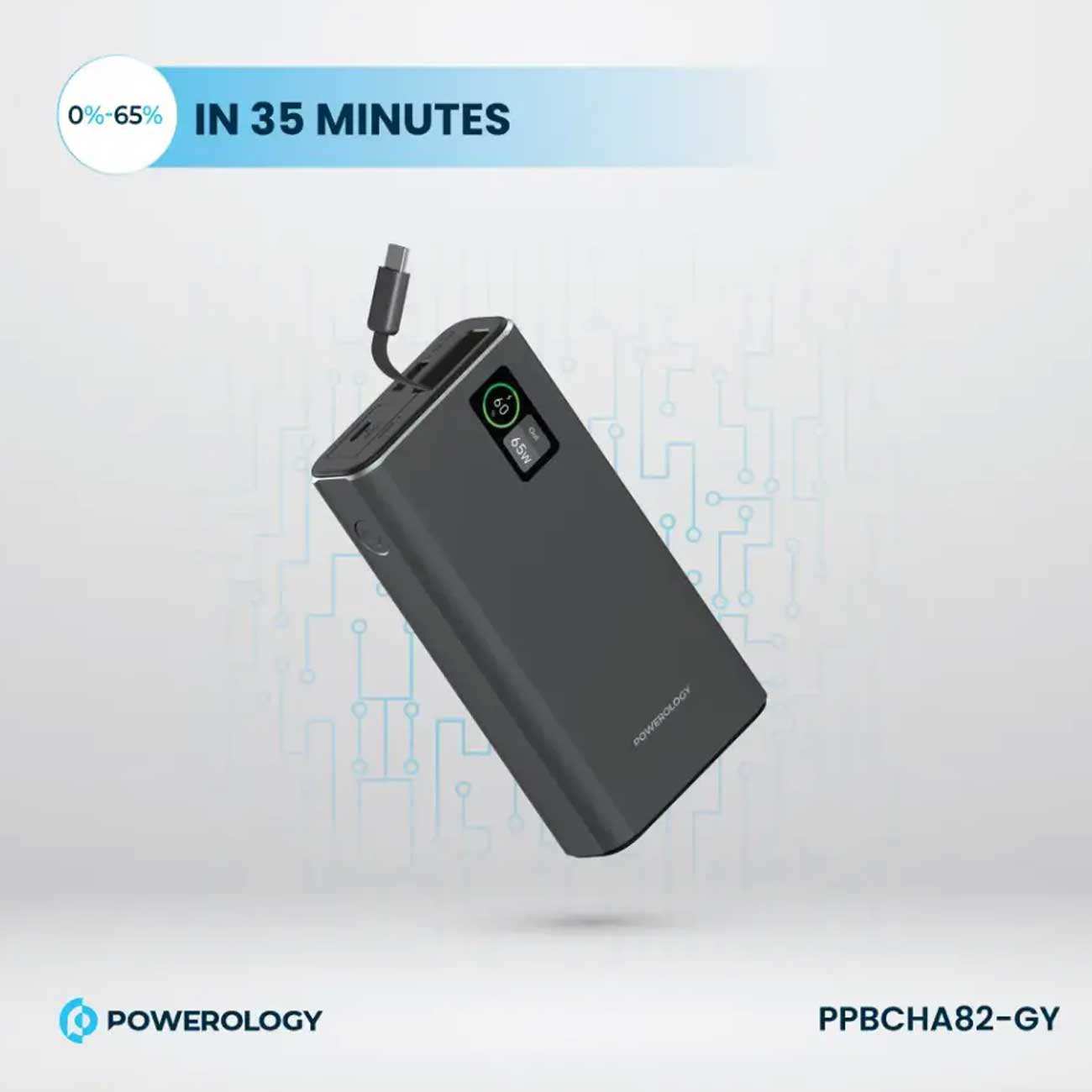 پاوربانک 20000 فست شارژ تایپسی 65 وات و یواسبی 30 وات پاورولوژی PPBCHA82-GY