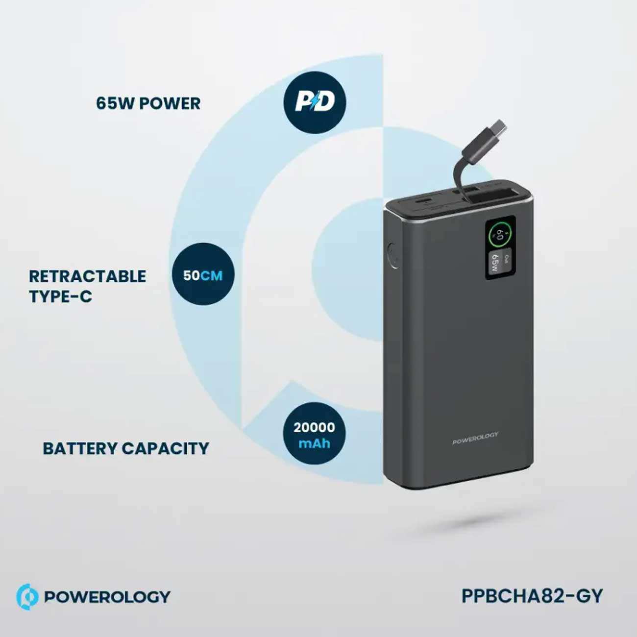 پاوربانک 20000 فست شارژ تایپسی 65 وات و یواسبی 30 وات پاورولوژی PPBCHA82-GY