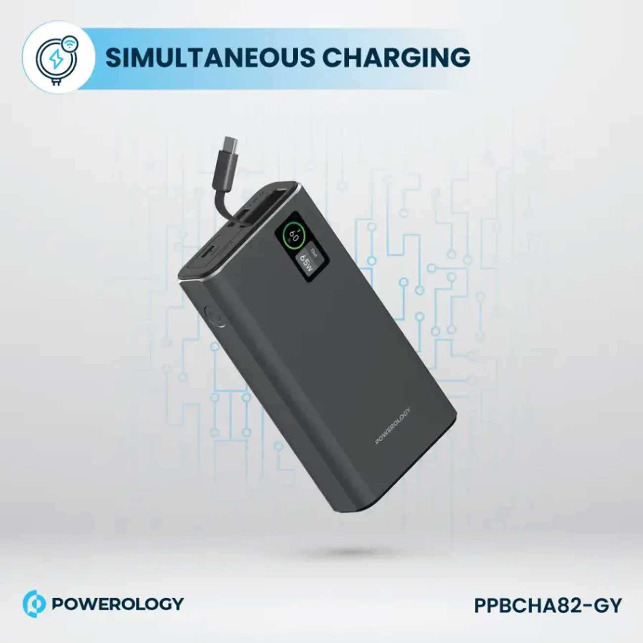 پاوربانک 20000 فست شارژ تایپسی 65 وات و یواسبی 30 وات پاورولوژی PPBCHA82-GY