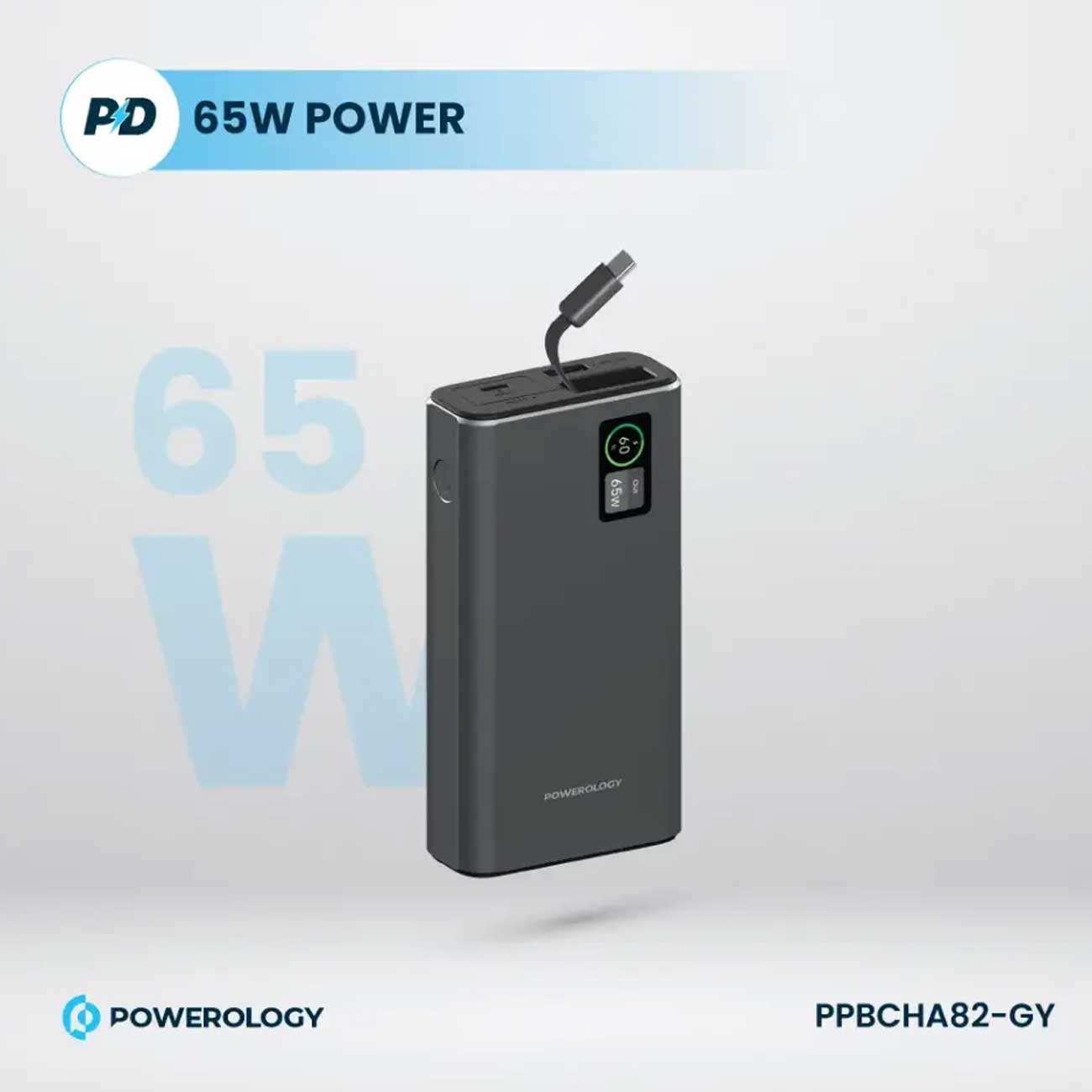پاوربانک 20000 فست شارژ تایپسی 65 وات و یواسبی 30 وات پاورولوژی PPBCHA82-GY