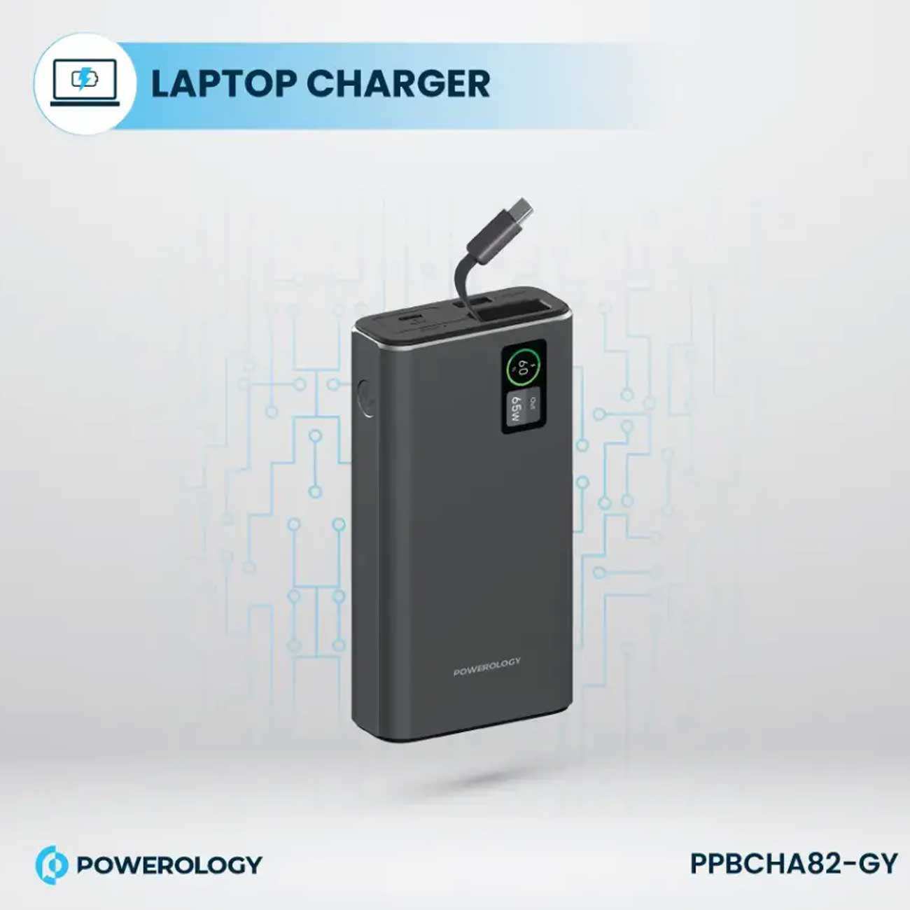 پاوربانک 20000 فست شارژ تایپسی 65 وات و یواسبی 30 وات پاورولوژی PPBCHA82-GY