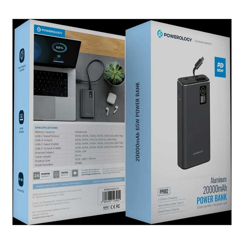 پاوربانک 20000 فست شارژ تایپسی 65 وات و یواسبی 30 وات پاورولوژی PPBCHA82-GY