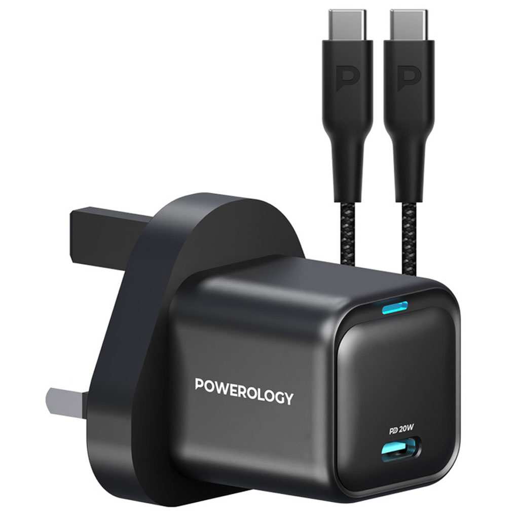 شارژر دیواری فست شارژ تایپ سی 20 وات با کابل دو سر تایپ سی 60 وات پاورولوژی PWCUQC016