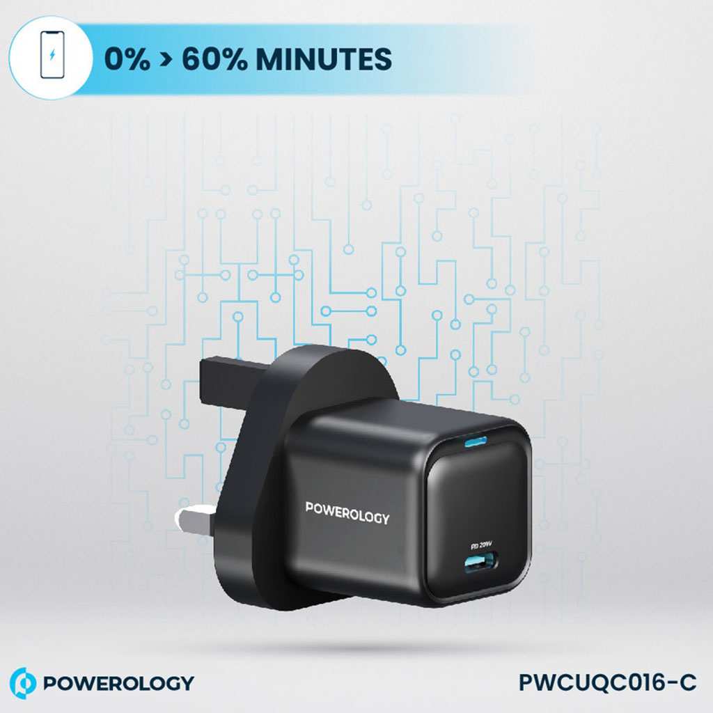 شارژر دیواری فست شارژ تایپ سی 20 وات با کابل دو سر تایپ سی 60 وات پاورولوژی PWCUQC016