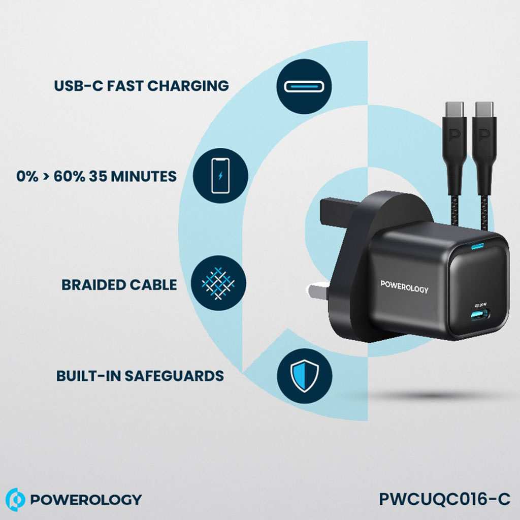 شارژر دیواری فست شارژ تایپ سی 20 وات با کابل دو سر تایپ سی 60 وات پاورولوژی PWCUQC016
