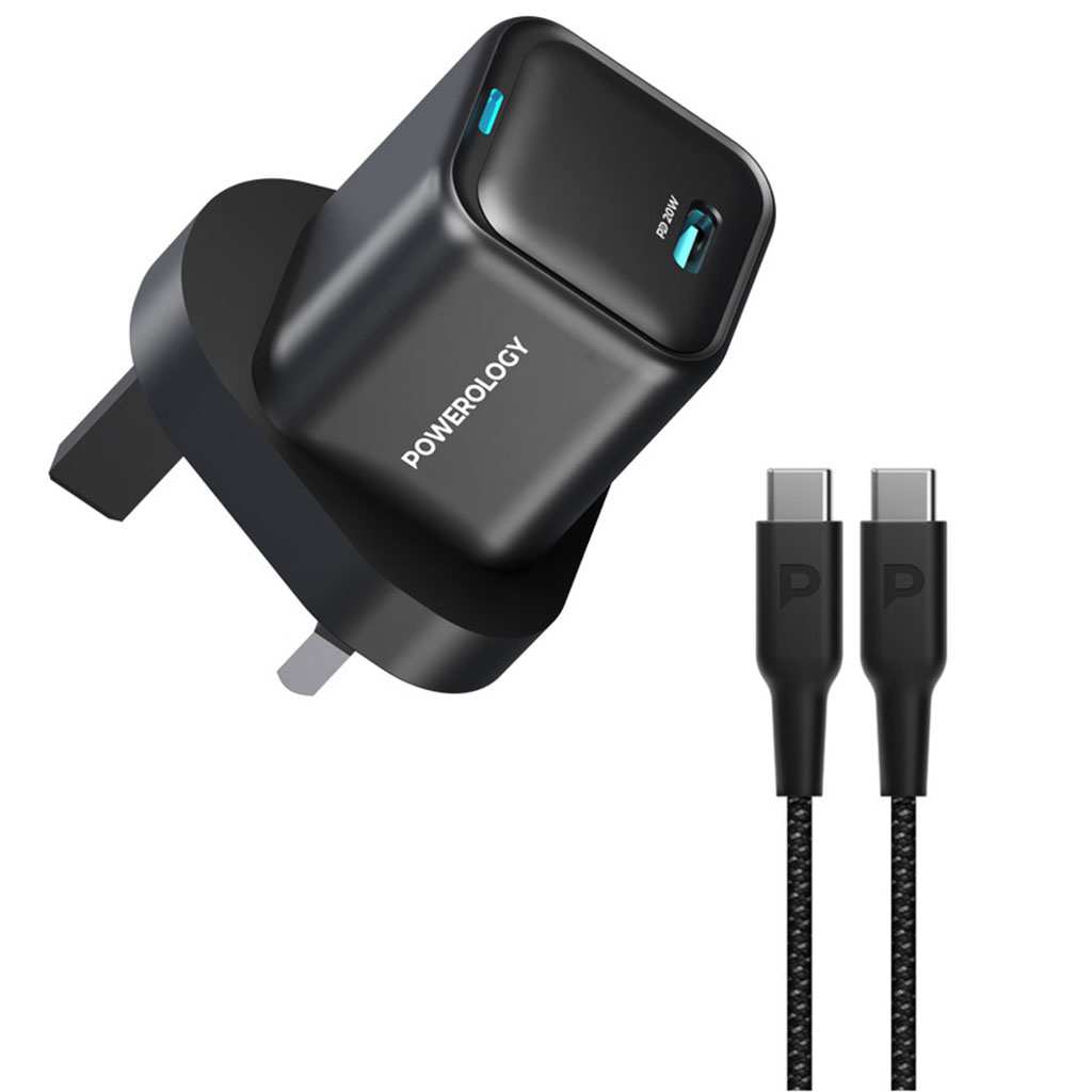 شارژر دیواری فست شارژ تایپ سی 20 وات با کابل دو سر تایپ سی 60 وات پاورولوژی PWCUQC016