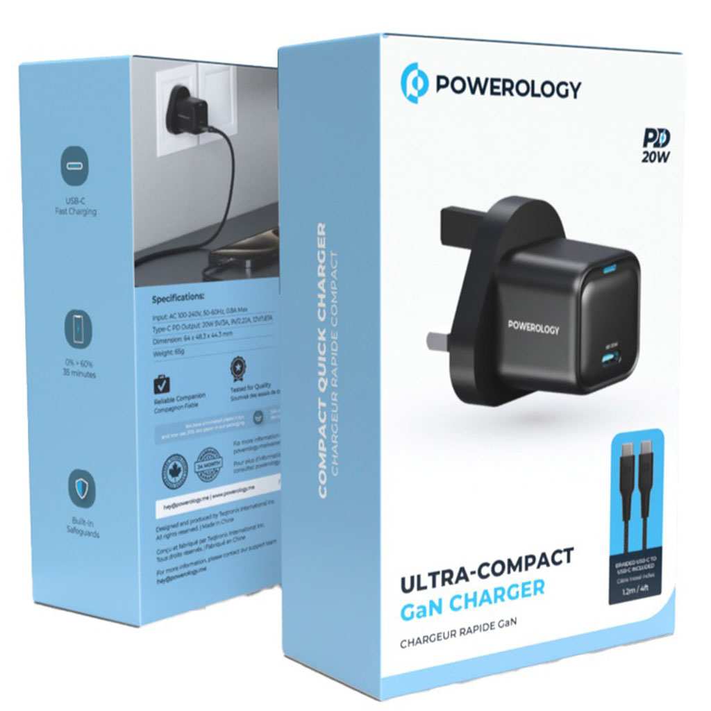 شارژر دیواری فست شارژ تایپ سی 20 وات با کابل دو سر تایپ سی 60 وات پاورولوژی PWCUQC016