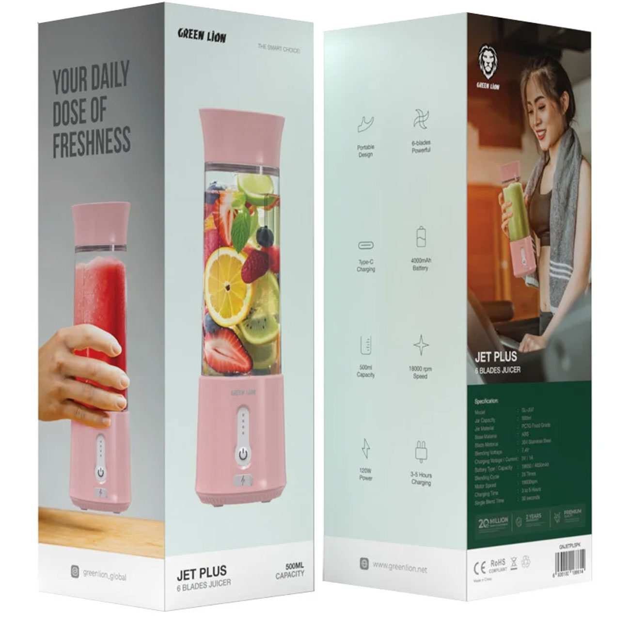 شیکر و اسموتی ساز شارژی شش تیغه 500 میلی لیتری گرین لاین Jet Plus GNJETPLSBK