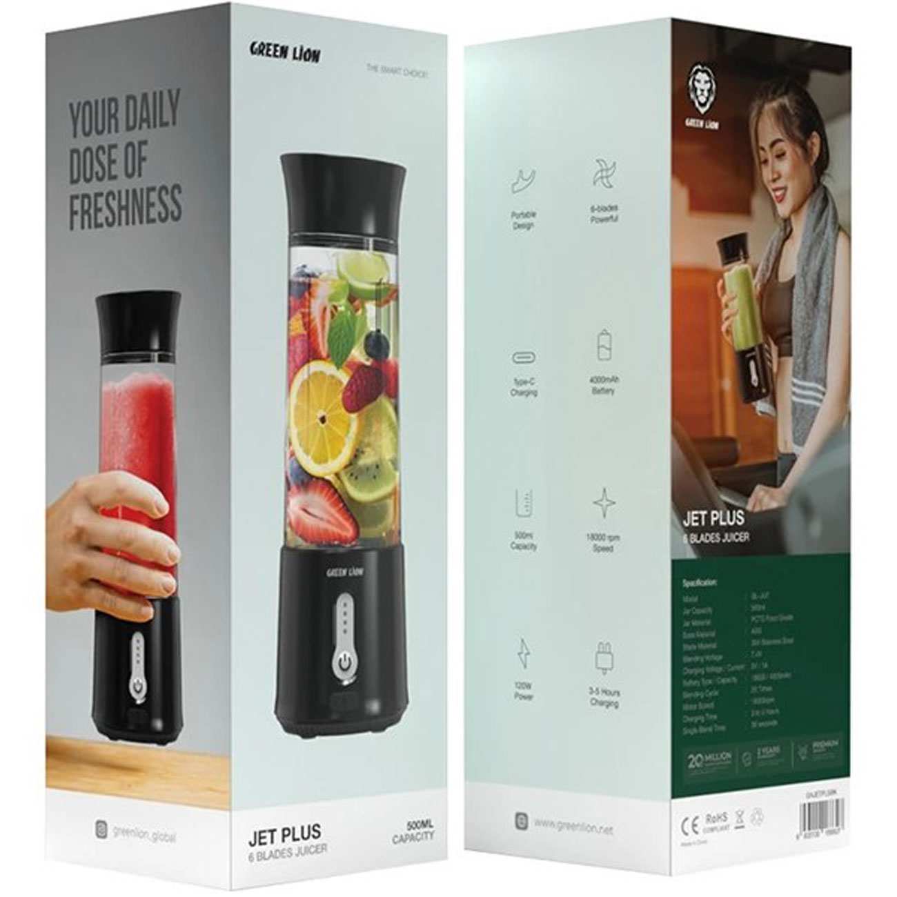شیکر و اسموتی ساز شارژی شش تیغه 500 میلی لیتری گرین لاین Jet Plus GNJETPLSBK