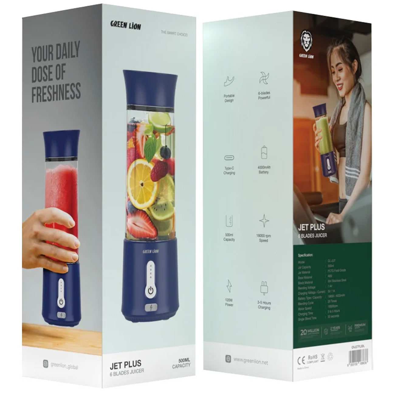 شیکر و اسموتی ساز شارژی شش تیغه 500 میلی لیتری گرین لاین Jet Plus GNJETPLSBK