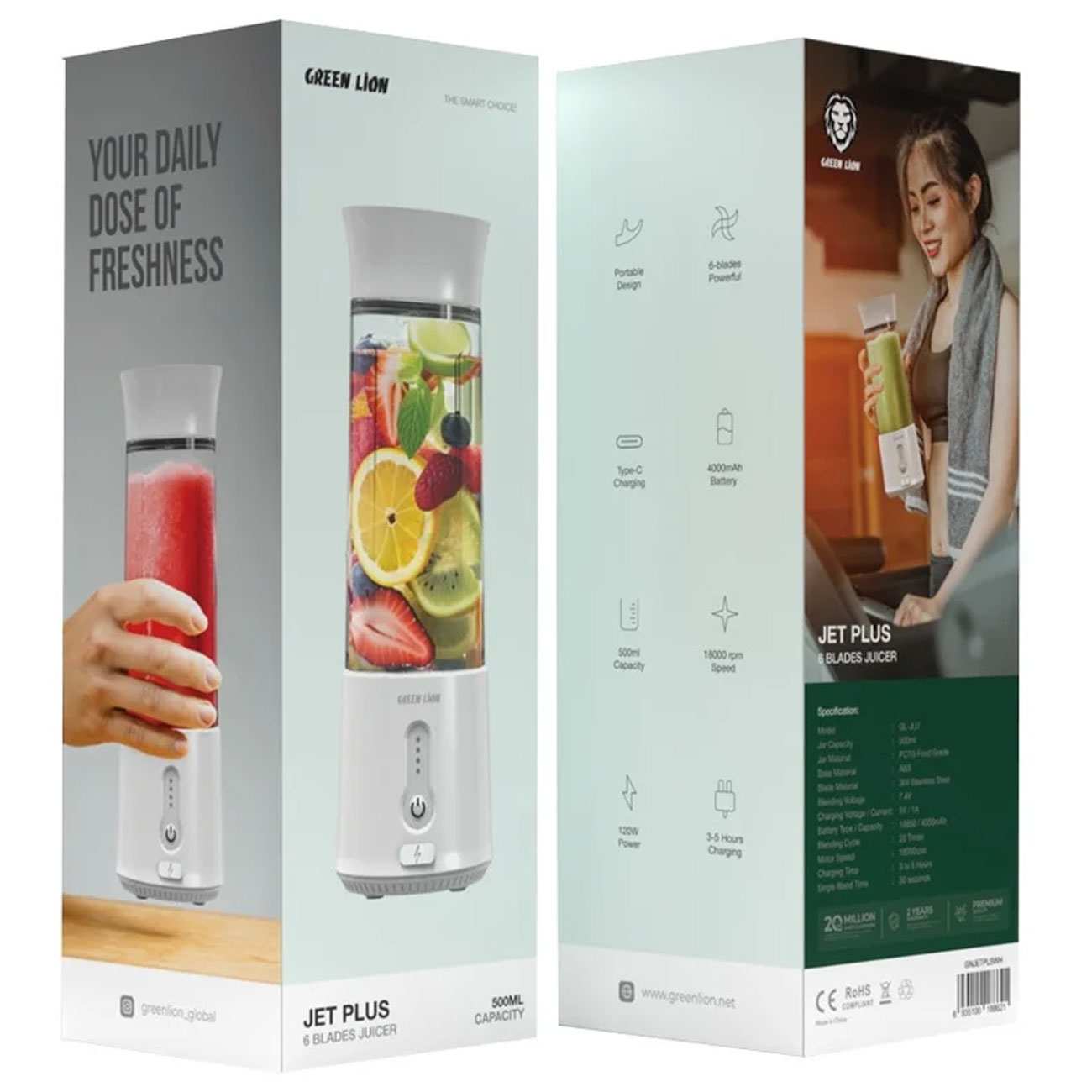 شیکر و اسموتی ساز شارژی شش تیغه 500 میلی لیتری گرین لاین Jet Plus GNJETPLSBK