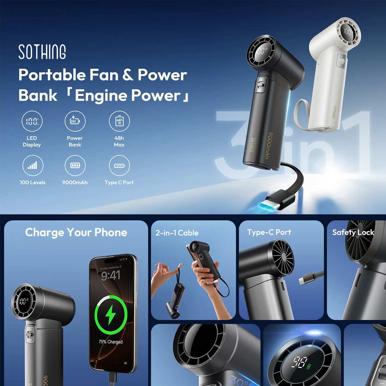 پنکه شارژی دستی و پاوربانک سوتینگ 2424