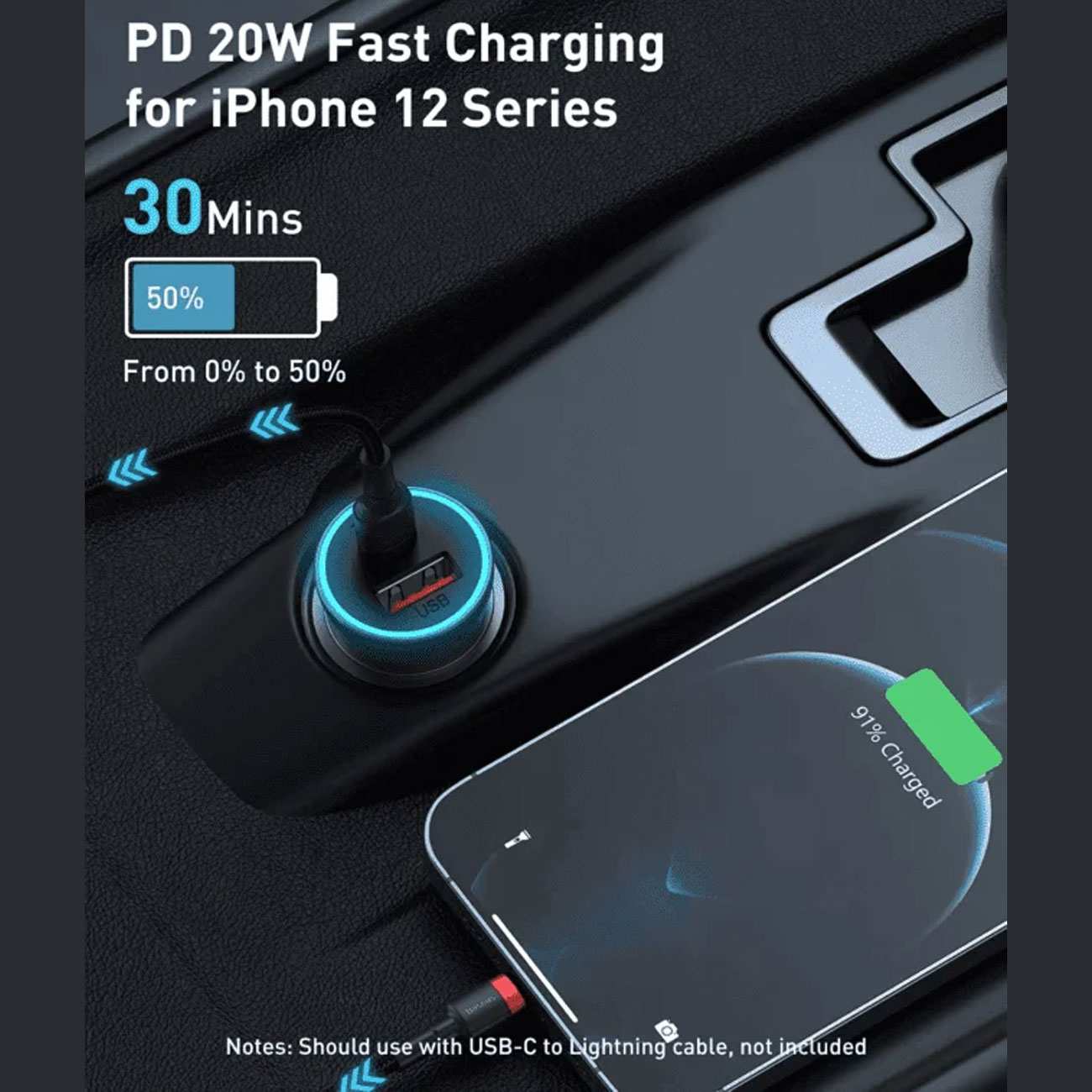 شارژر فندکی فست شارژ ماشین تایپ سی 40 وات بیسوس TZCCJD-B0G با کابل تایپ سی به لایتنینگ