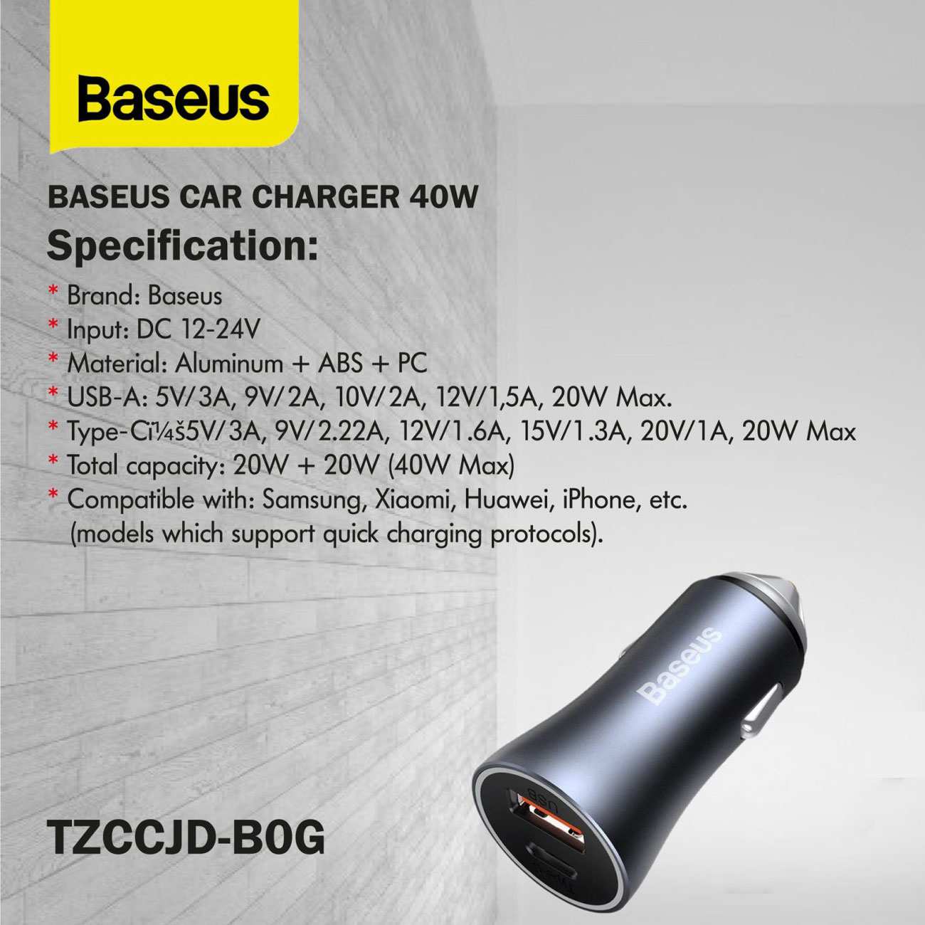 شارژر فندکی فست شارژ ماشین تایپ سی 40 وات بیسوس TZCCJD-B0G با کابل تایپ سی به لایتنینگ