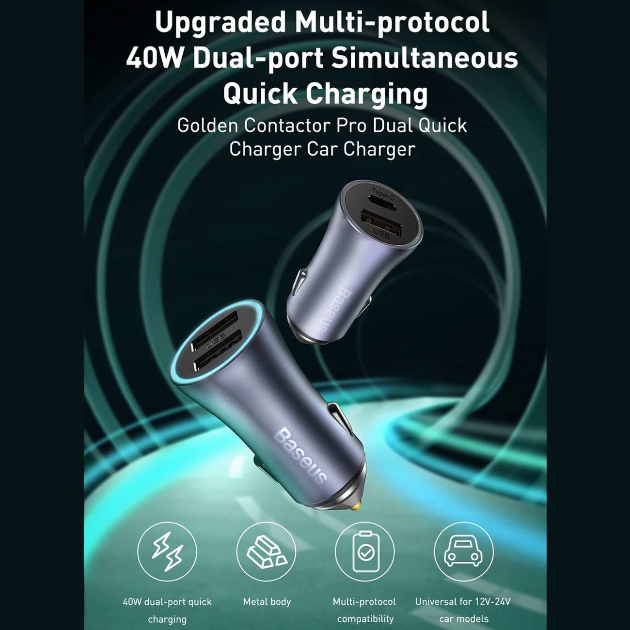 شارژر فندکی فست شارژ ماشین تایپ سی 40 وات بیسوس TZCCJD-B0G با کابل تایپ سی به لایتنینگ