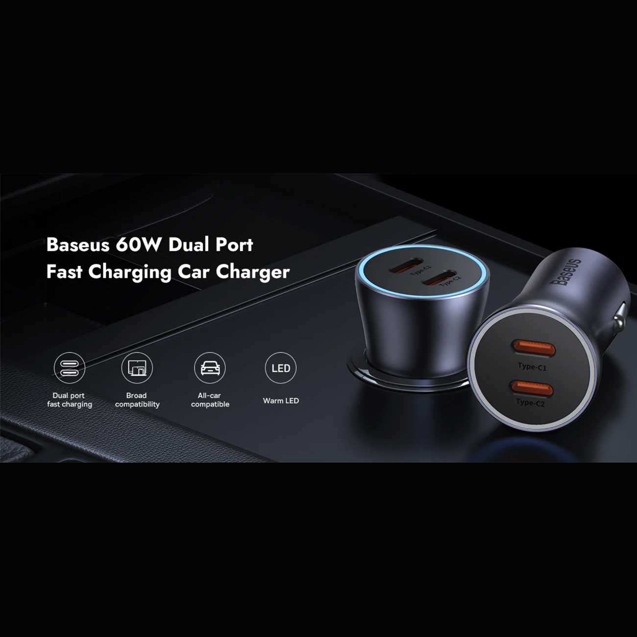 شارژر فندکی فست شارژ ماشین تایپسی 60 وات بیسوس CGJM000213