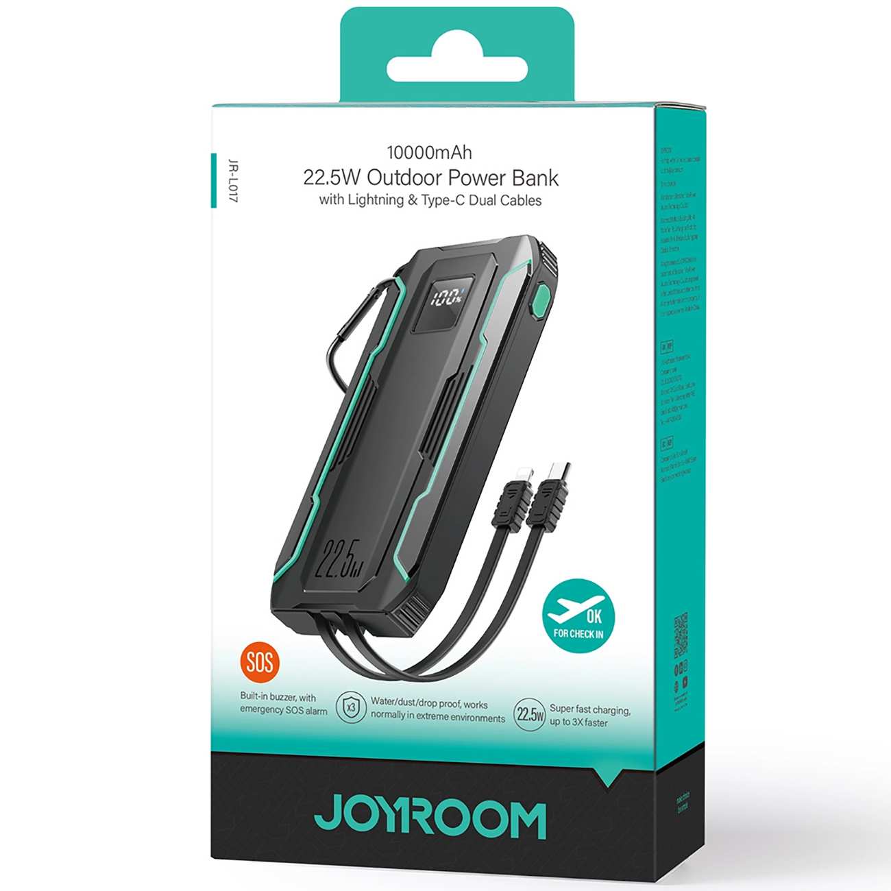 پاور بانک 10000 تایپ سی و لایتنینگ 22.5 وات جویروم JR-L017