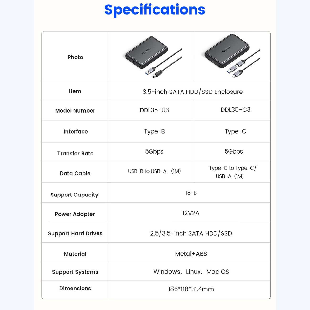 باکس هارد 2.5 اینچی و 3.5 اینچی USB 3.0 و تایپ سی به SATA اوریکو DDL35-C3