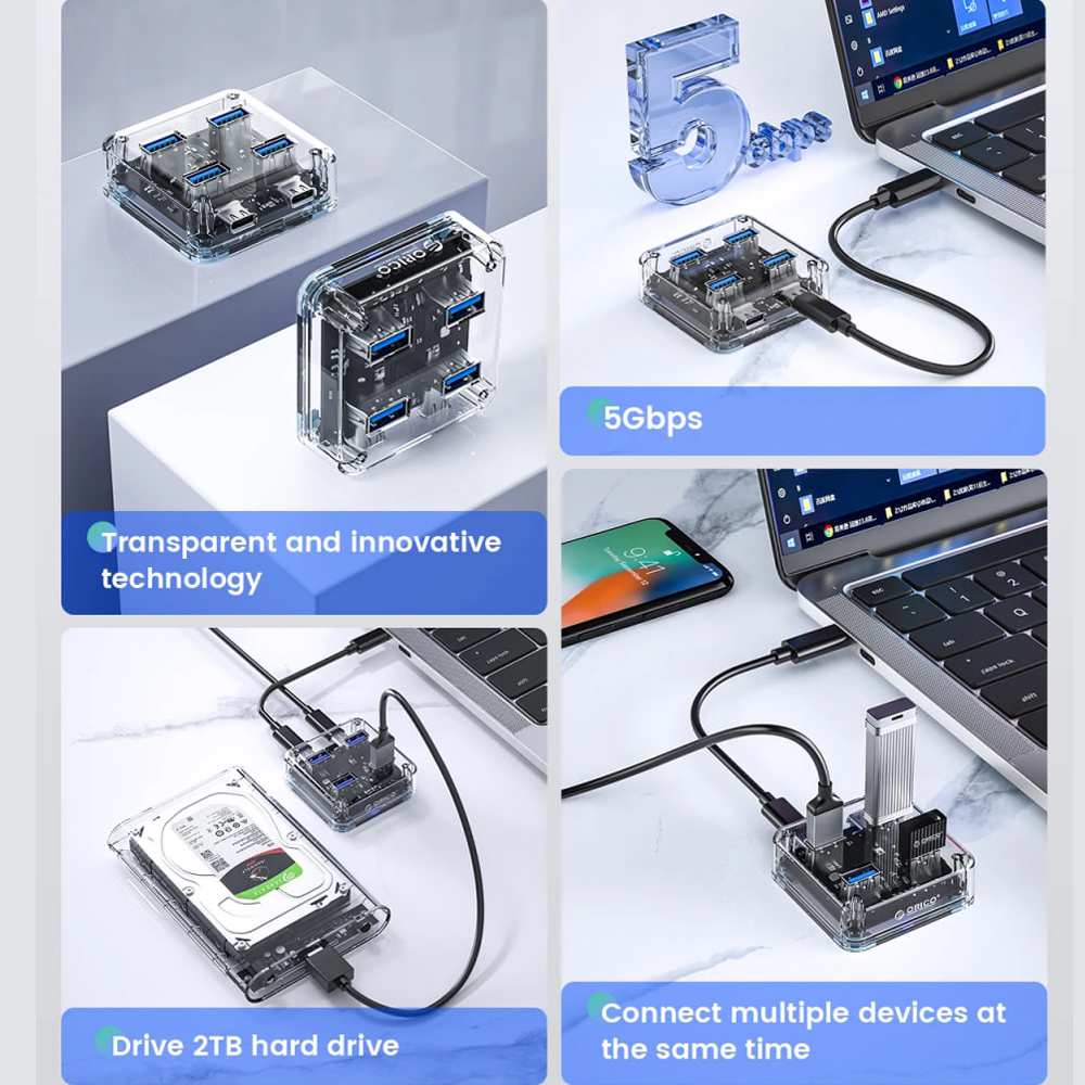 هاب USB 3.0 چهار پورت طرح شفاف اوریکو MH4UC-U3