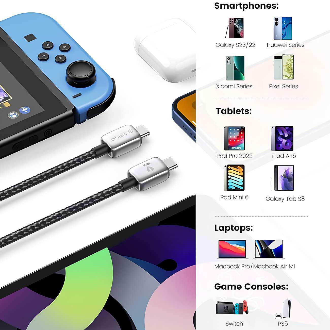 کابل سوپر فست شارژ تایپ سی به تایپ سی 100 وات یک متری اوریکو GQZB100-10-BK-BP