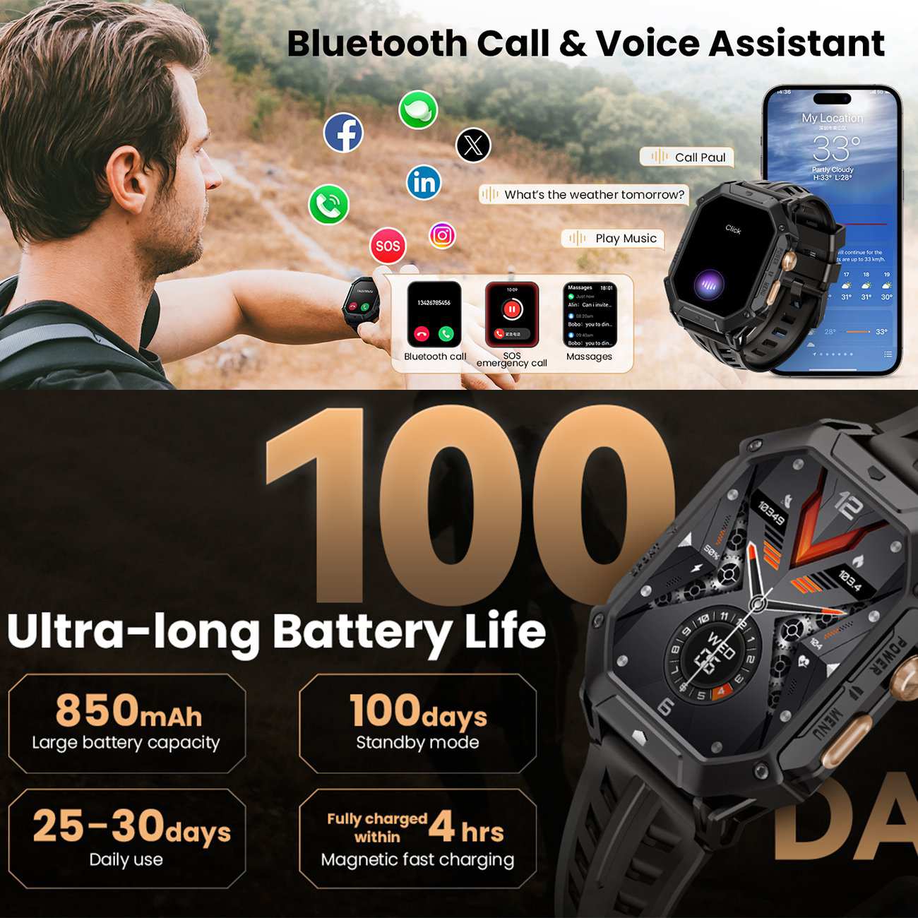 ساعت هوشمند ضدآب با طراحی نظامی هایلو IRON N1