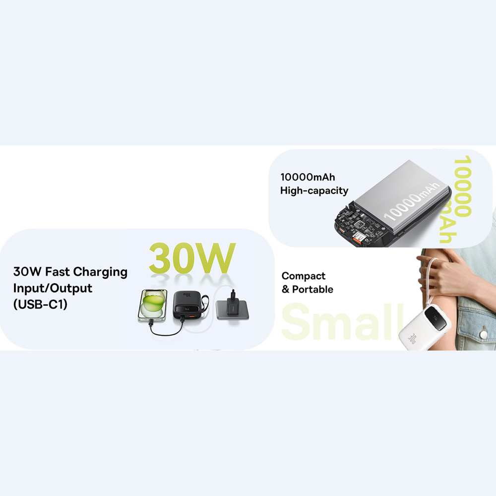پاوربانک 10000 میلیآمپر USB و تایپسی 30 وات بیسوس Qpow 2 PPQD4-10C