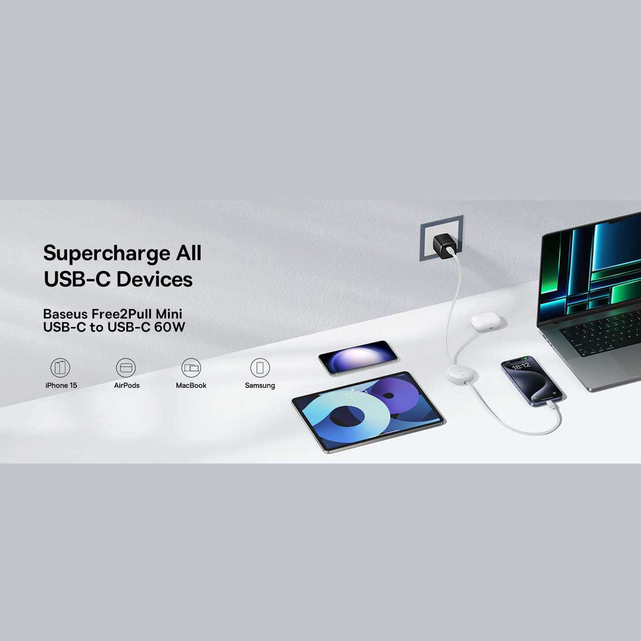 کابل شارژ دوسر تایپ سی جمعشونده 60 وات یک متری بیسوس P10364500111 CB000088