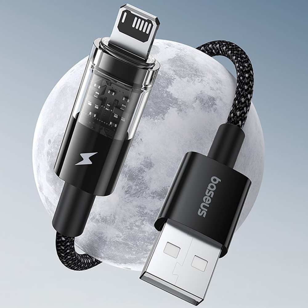 کابل فست شارژ USB به لایتنینگ 20 وات 2.4 آمپر یک متری طرح شفاف بیسوس CB000117